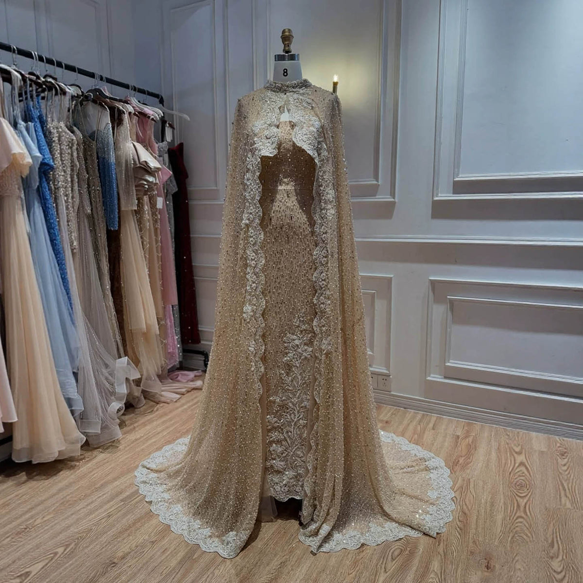 Luxury Nude Beaded Mermaid Evening Dress with Cape LA73940