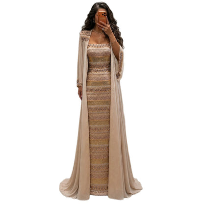 Luxury Nude Crystal Beaded Mermaid Evening Dress with Cape LA73941