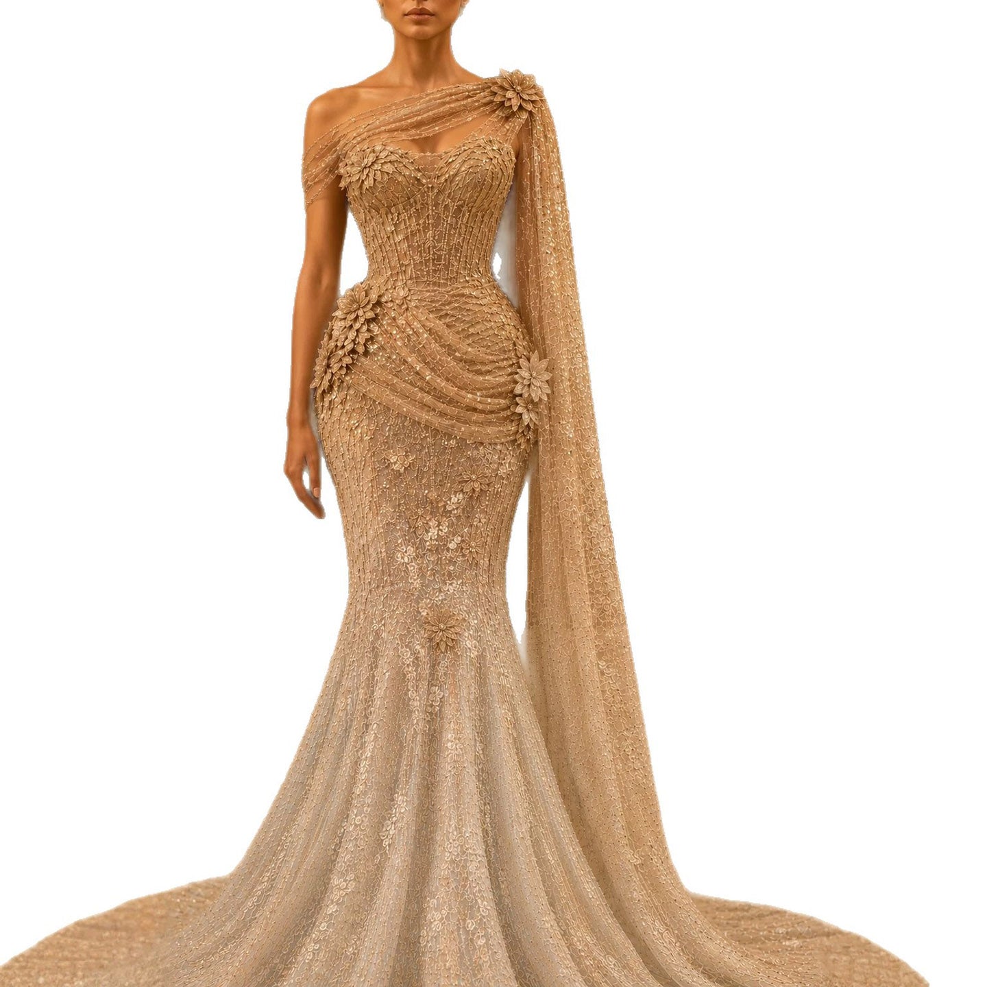 Luxury Blue One Shoulder 3D Floral Beaded Mermaid Dress LA73942