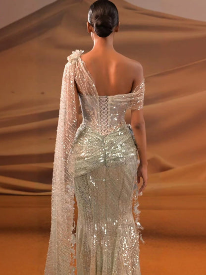 Luxury Blue One Shoulder 3D Floral Beaded Mermaid Dress LA73942