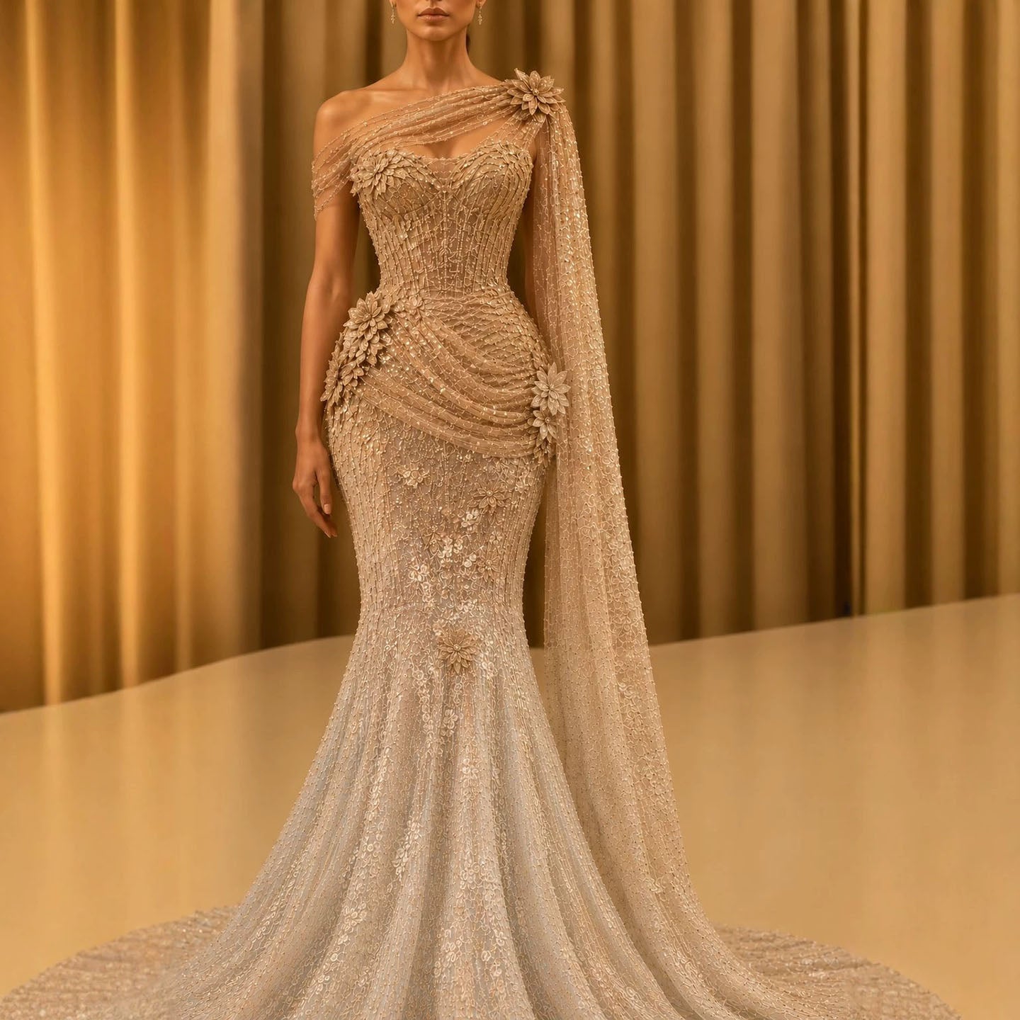 Luxury Blue One Shoulder 3D Floral Beaded Mermaid Dress LA73942