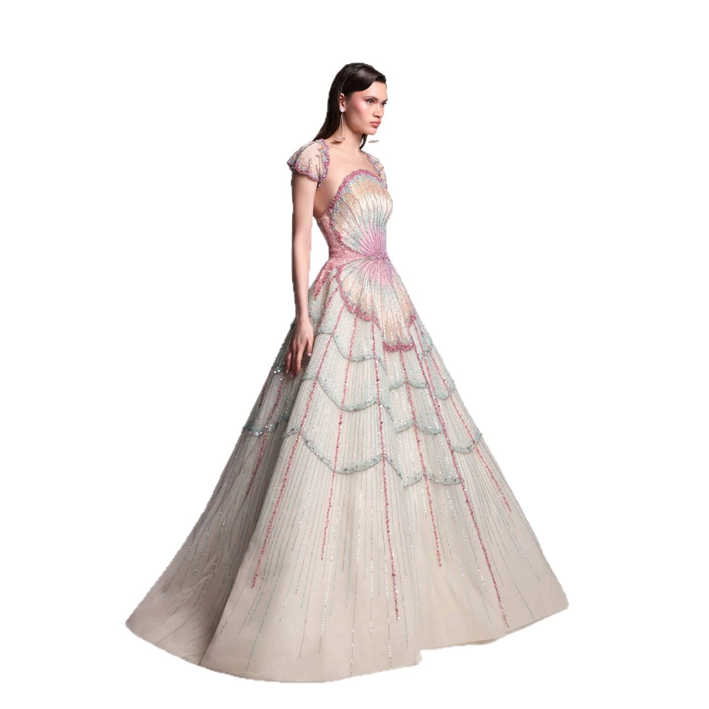 Luxury Multicolor Shell Beaded Off-Shoulder A-Line Evening Dress LA73943
