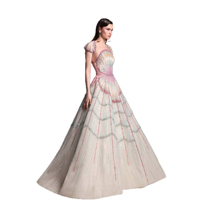 Luxury Multicolor Shell Beaded Off-Shoulder A-Line Evening Dress LA73943