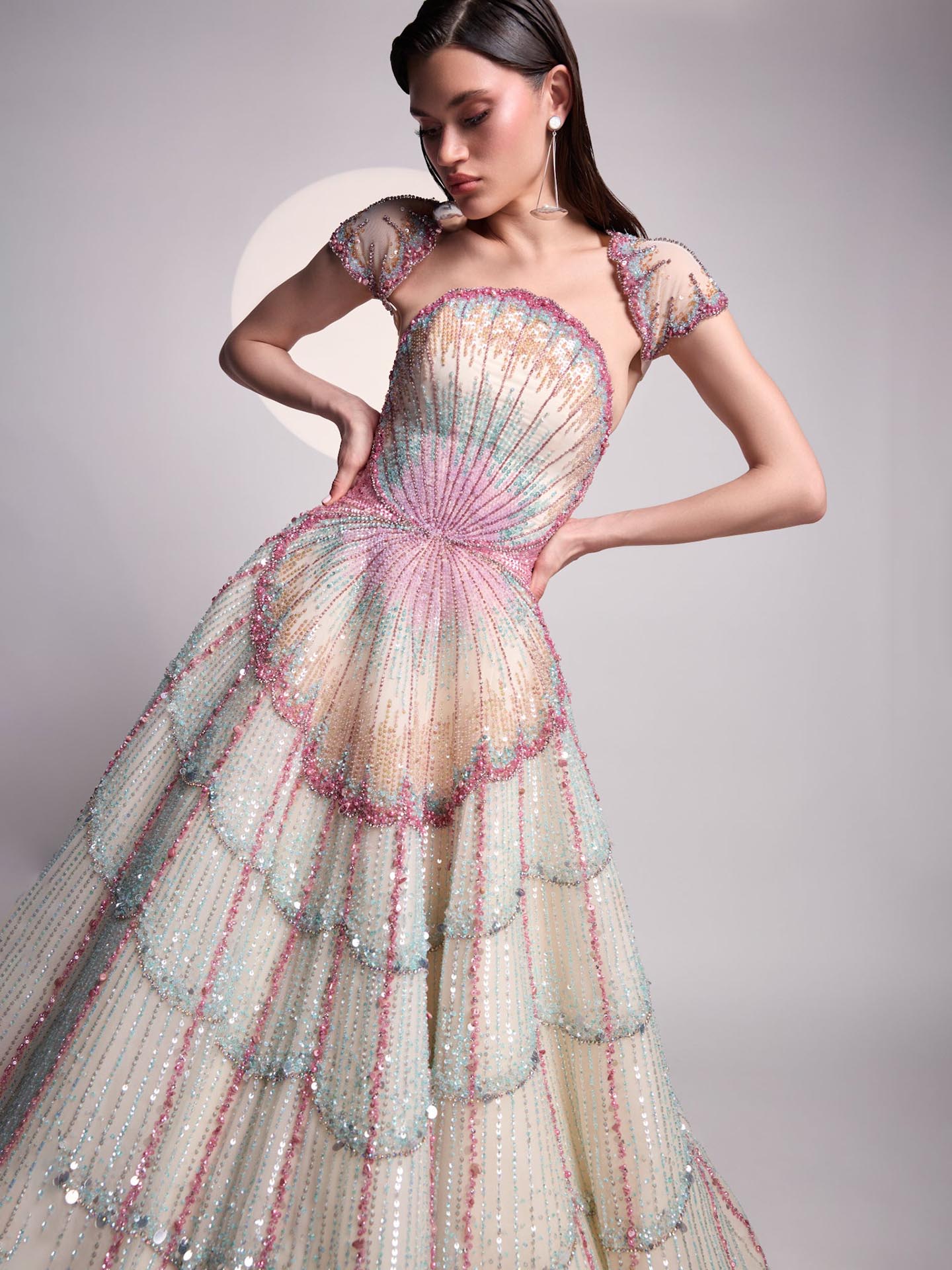 Luxury Multicolor Shell Beaded Off-Shoulder A-Line Evening Dress LA73943