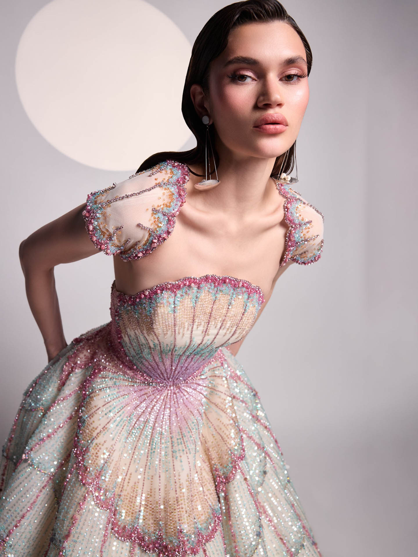 Luxury Multicolor Shell Beaded Off-Shoulder A-Line Evening Dress LA73943