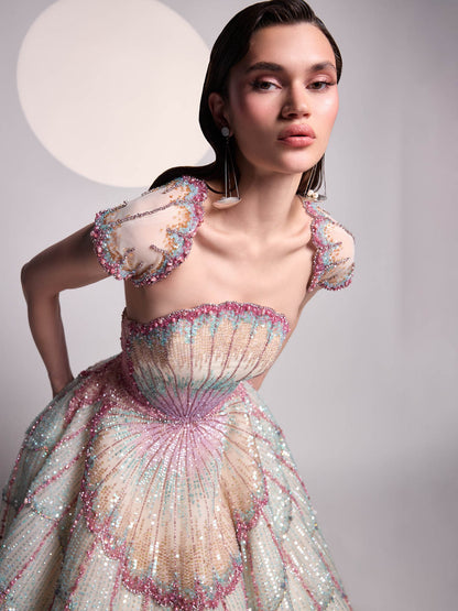Luxury Multicolor Shell Beaded Off-Shoulder A-Line Evening Dress LA73943