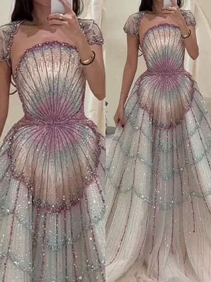 Luxury Multicolor Shell Beaded Off-Shoulder A-Line Evening Dress LA73943
