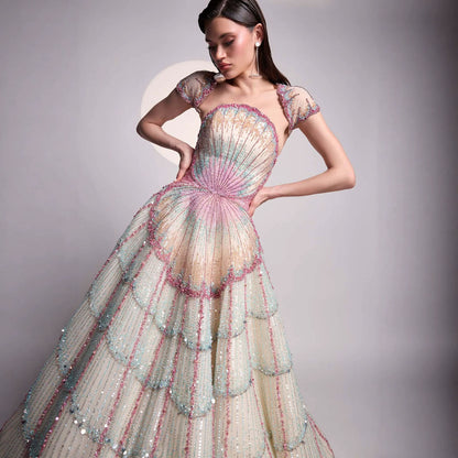 Luxury Multicolor Shell Beaded Off-Shoulder A-Line Evening Dress LA73943