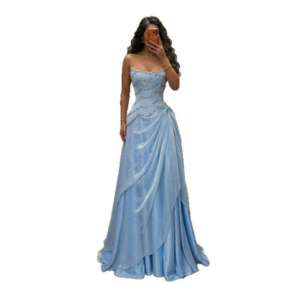 Luxury Light Blue Strapless Beaded Corset Evening Dress LA73944