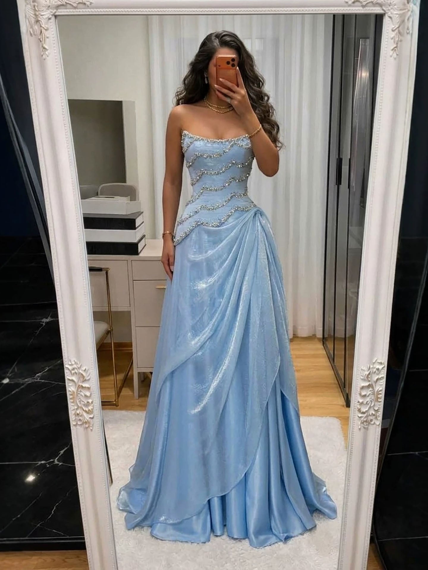 Luxury Light Blue Strapless Beaded Corset Evening Dress LA73944