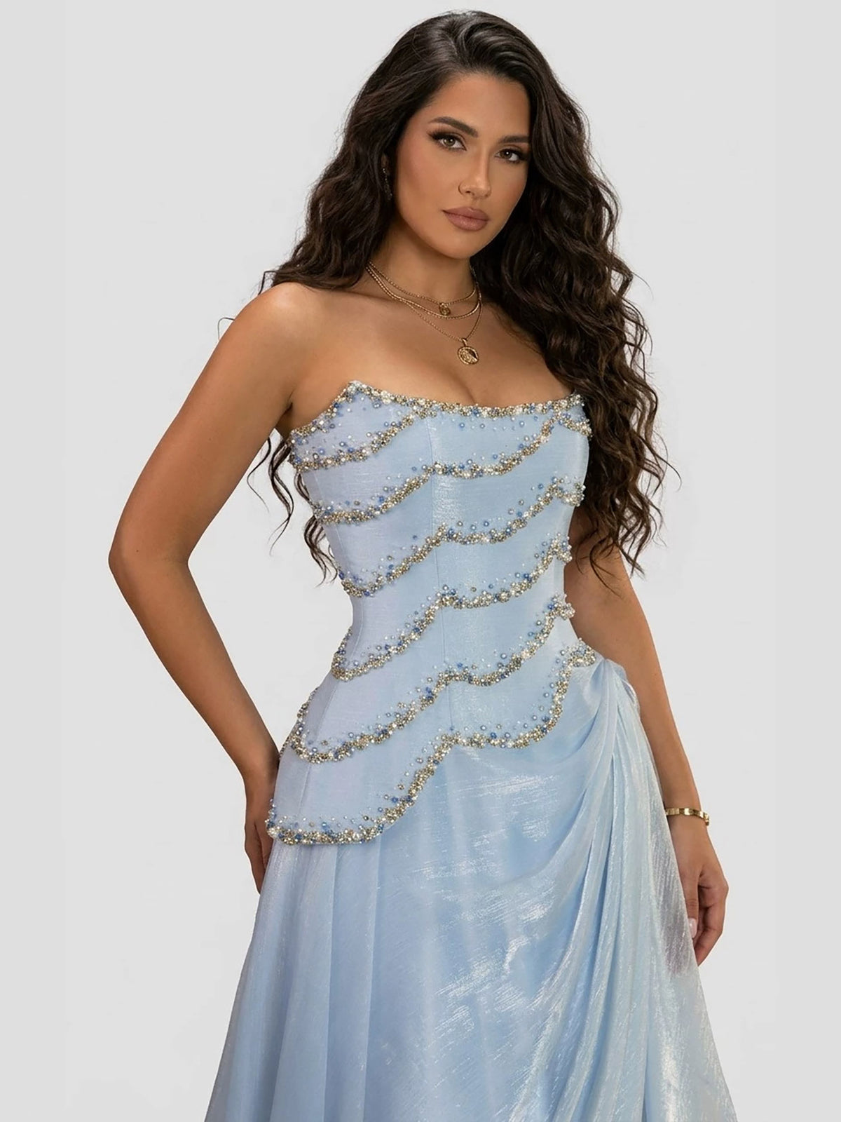 Luxury Light Blue Strapless Beaded Corset Evening Dress LA73944