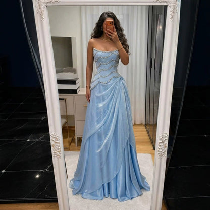 Luxury Light Blue Strapless Beaded Corset Evening Dress LA73944
