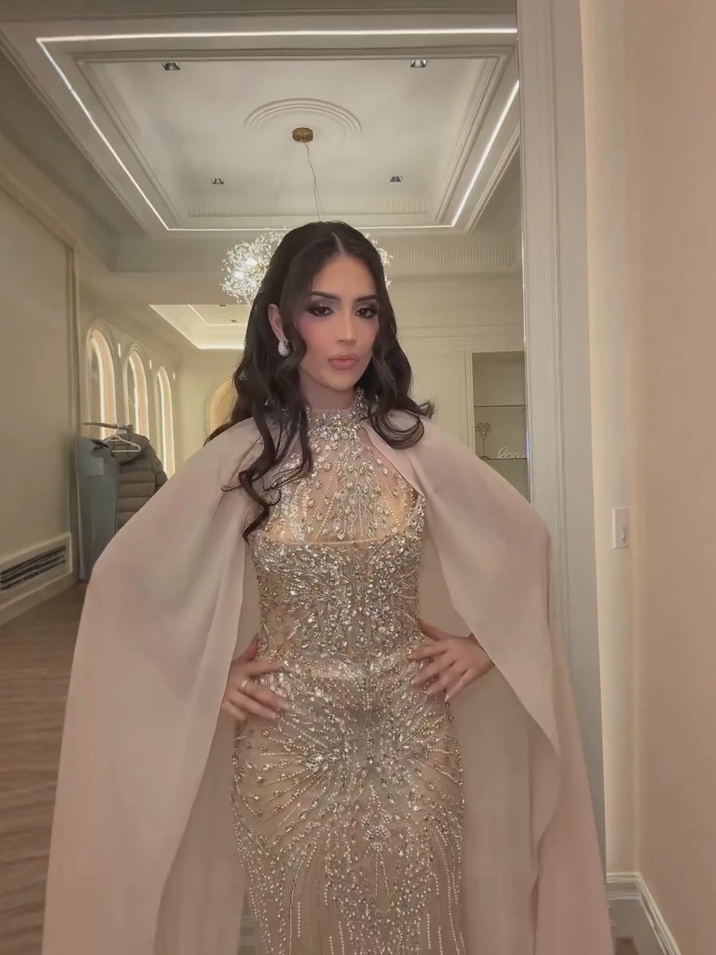 Luxury Nude Crystal Beaded Mermaid Evening Dress with Cape LA73945