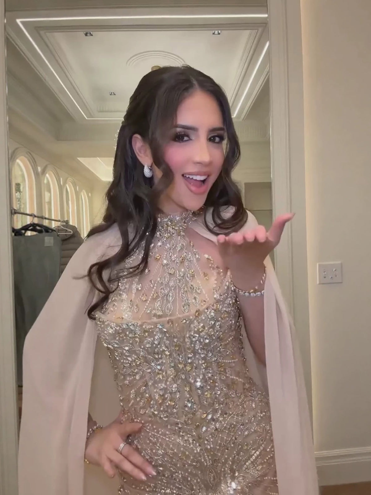 Luxury Nude Crystal Beaded Mermaid Evening Dress with Cape LA73945