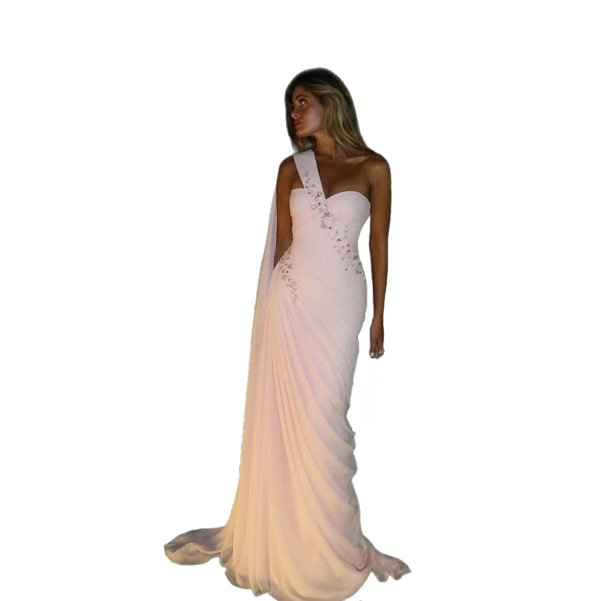 Luxury Pink One Shoulder Beaded Chiffon Evening Dress LA73946