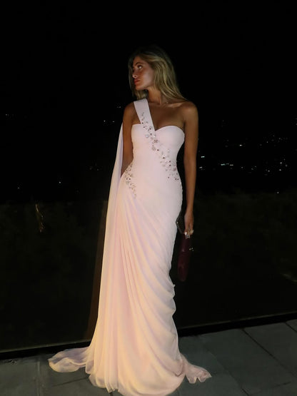 Luxury Pink One Shoulder Beaded Chiffon Evening Dress LA73946