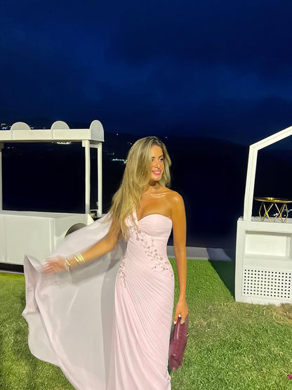 Luxury Pink One Shoulder Beaded Chiffon Evening Dress LA73946
