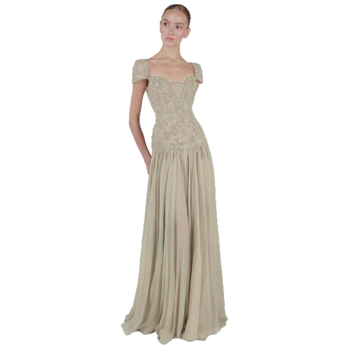 Luxury Caramel Beaded Cap Sleeve Chiffon A Line Evening Dress LA73947