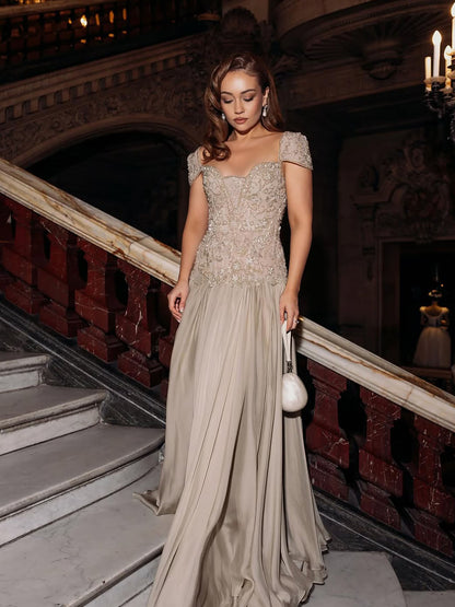 Luxury Caramel Beaded Cap Sleeve Chiffon A Line Evening Dress LA73947