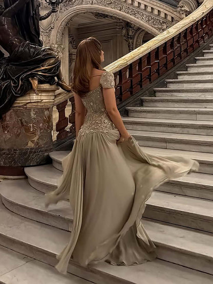 Luxury Caramel Beaded Cap Sleeve Chiffon A Line Evening Dress LA73947