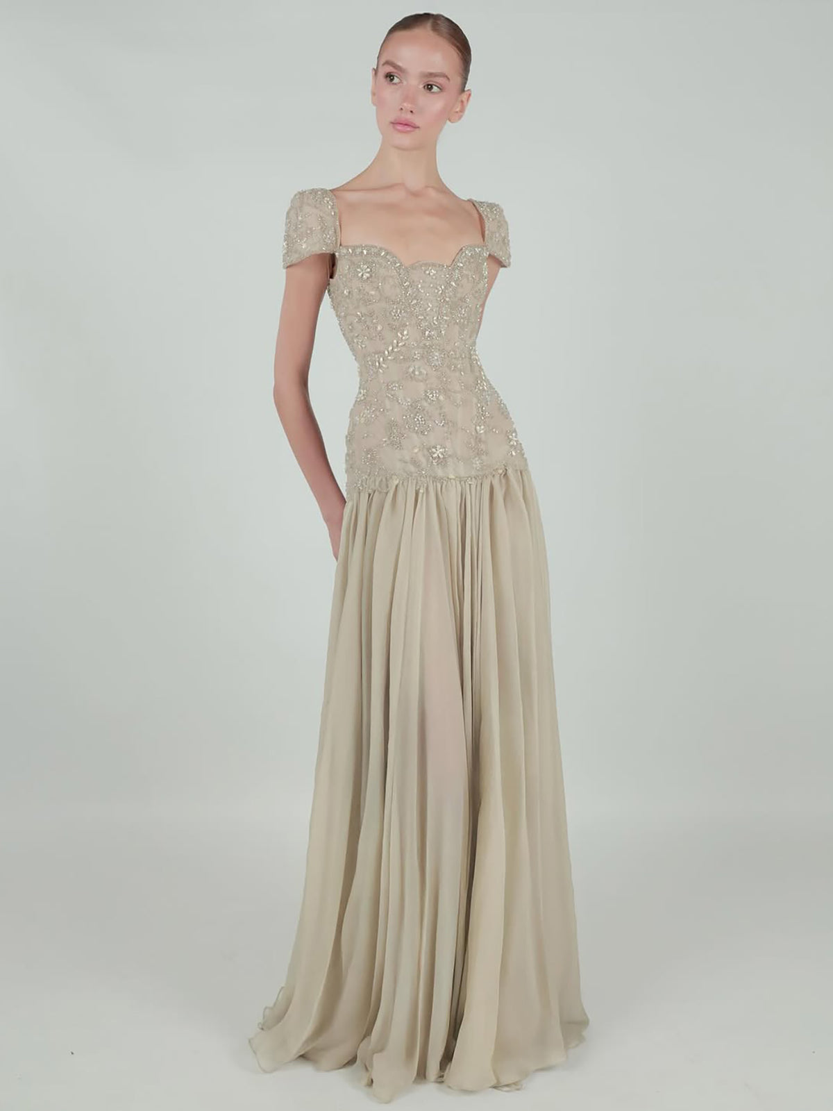 Luxury Caramel Beaded Cap Sleeve Chiffon A Line Evening Dress LA73947