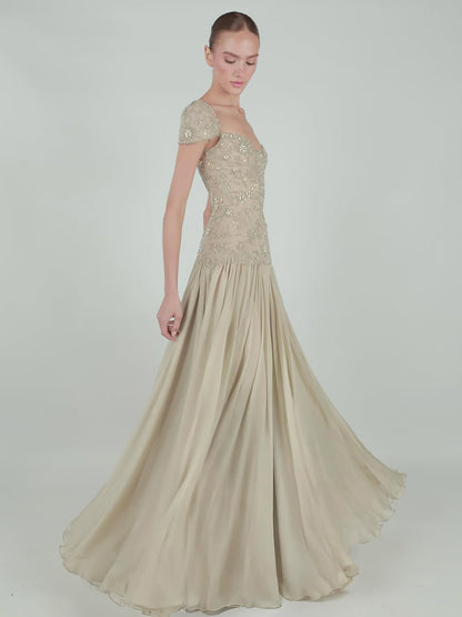 Luxury Caramel Beaded Cap Sleeve Chiffon A Line Evening Dress LA73947