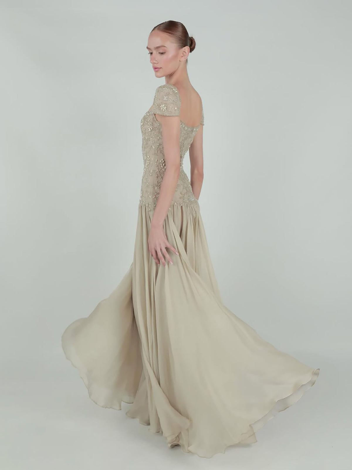 Luxury Caramel Beaded Cap Sleeve Chiffon A Line Evening Dress LA73947
