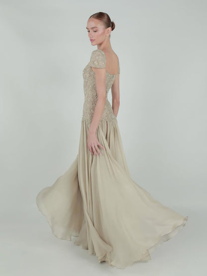 Luxury Caramel Beaded Cap Sleeve Chiffon A Line Evening Dress LA73947