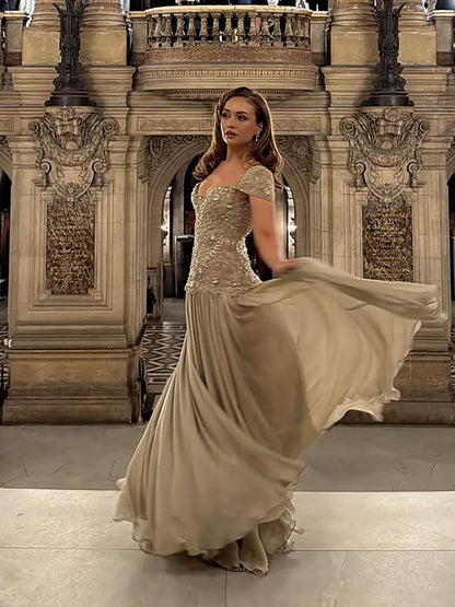 Luxury Caramel Beaded Cap Sleeve Chiffon A Line Evening Dress LA73947