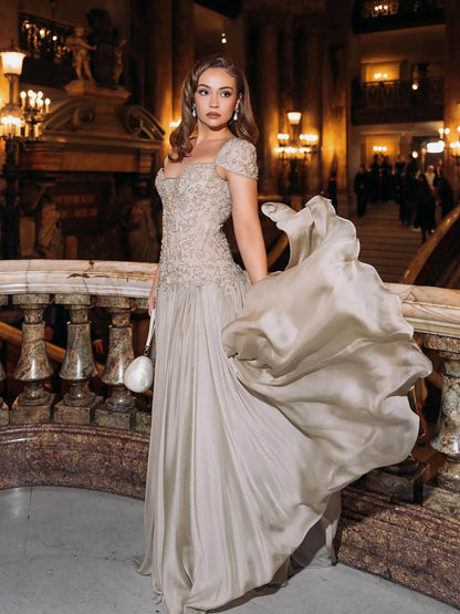 Luxury Caramel Beaded Cap Sleeve Chiffon A Line Evening Dress LA73947