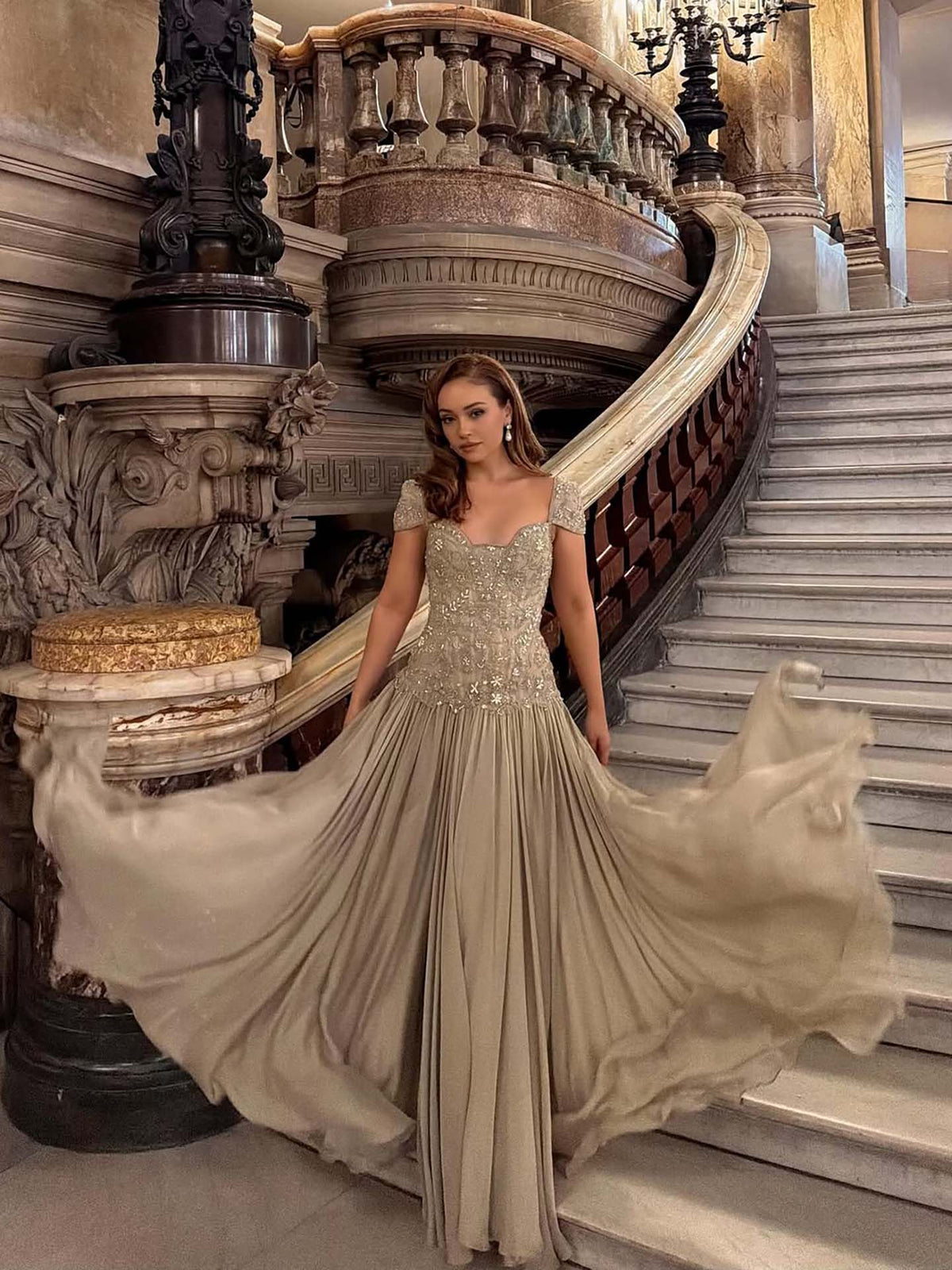 Luxury Caramel Beaded Cap Sleeve Chiffon A Line Evening Dress LA73947