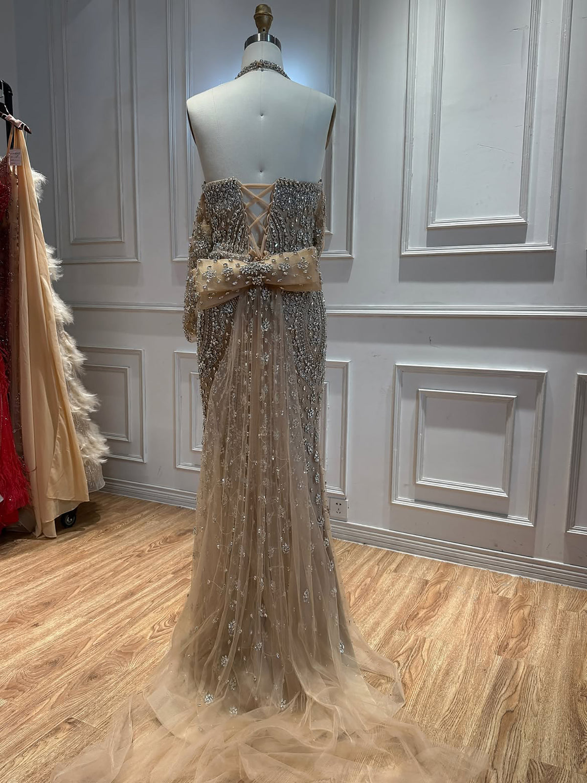 Luxury Nude Crystal Beaded Halter Mermaid Evening Dress LA73948