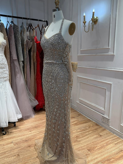 Luxury Nude Crystal Beaded Halter Mermaid Evening Dress LA73948