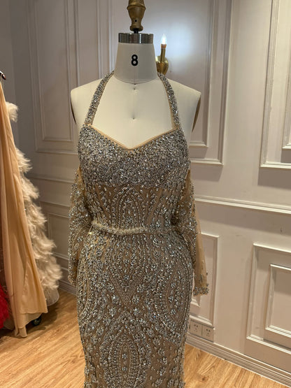 Luxury Nude Crystal Beaded Halter Mermaid Evening Dress LA73948