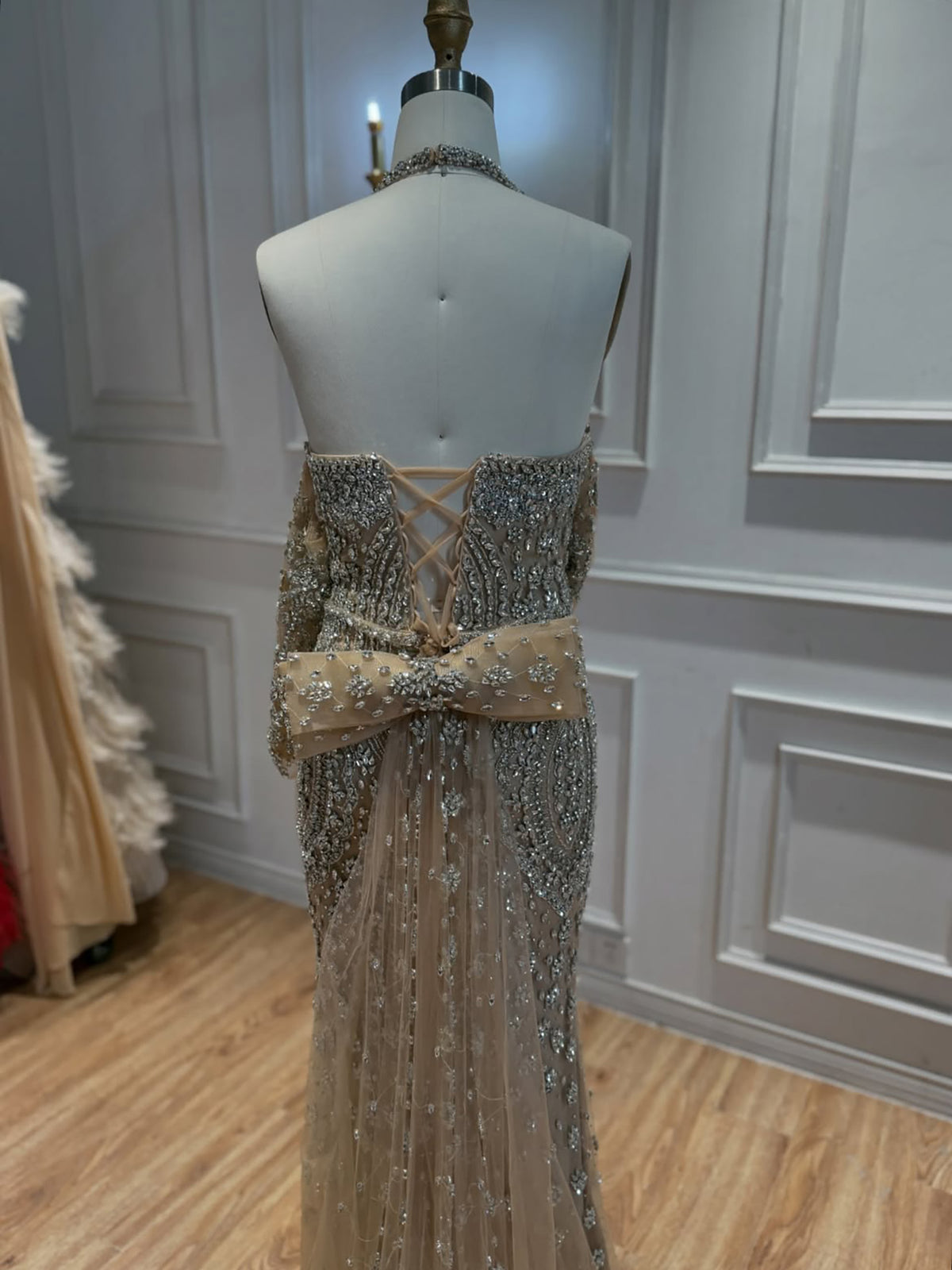 Luxury Nude Crystal Beaded Halter Mermaid Evening Dress LA73948