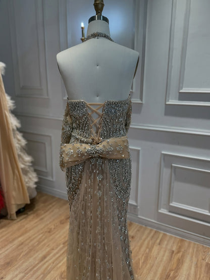 Luxury Nude Crystal Beaded Halter Mermaid Evening Dress LA73948