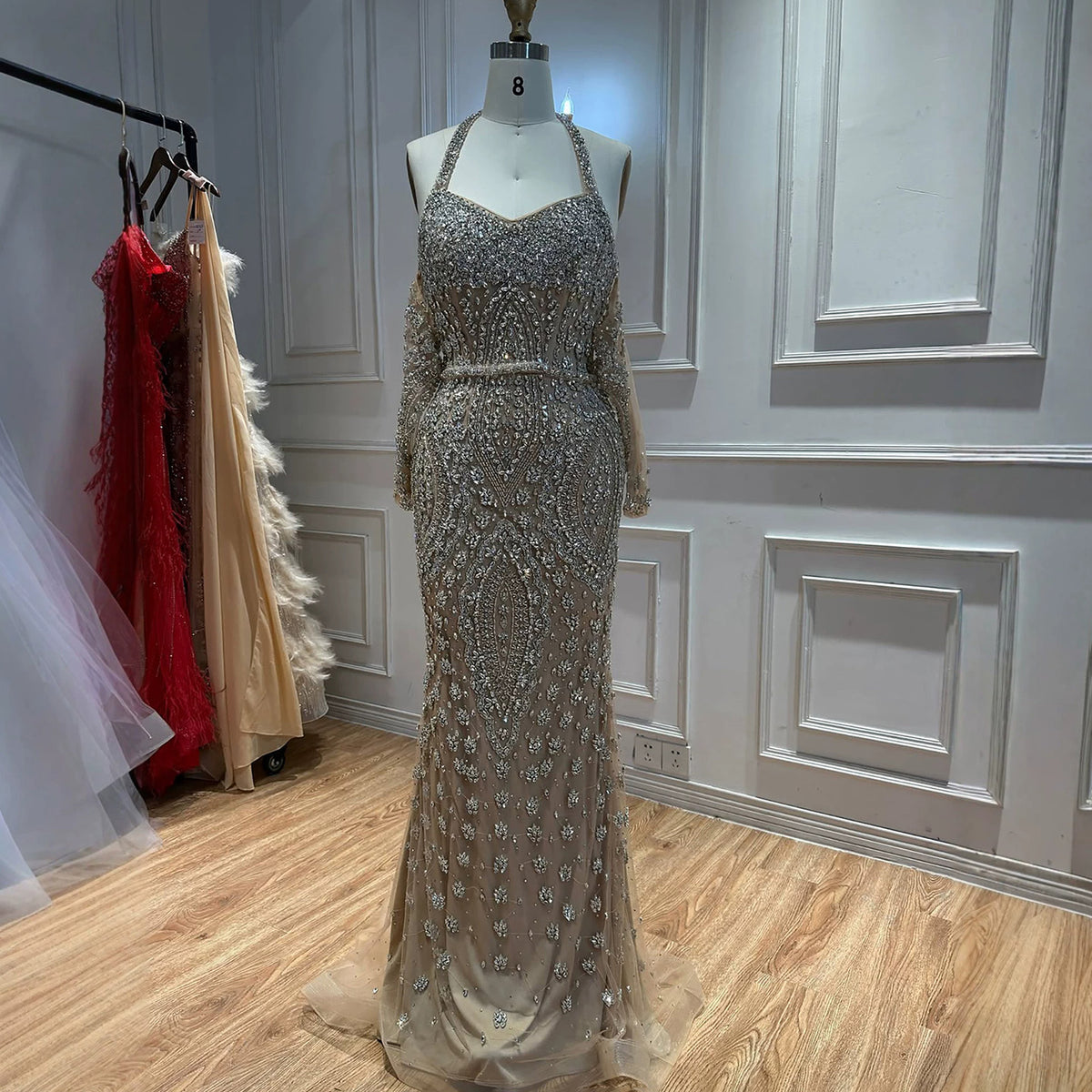 Luxury Nude Crystal Beaded Halter Mermaid Evening Dress LA73948