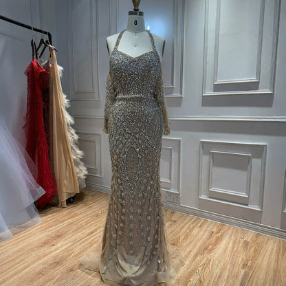 Luxury Nude Crystal Beaded Halter Mermaid Evening Dress LA73948