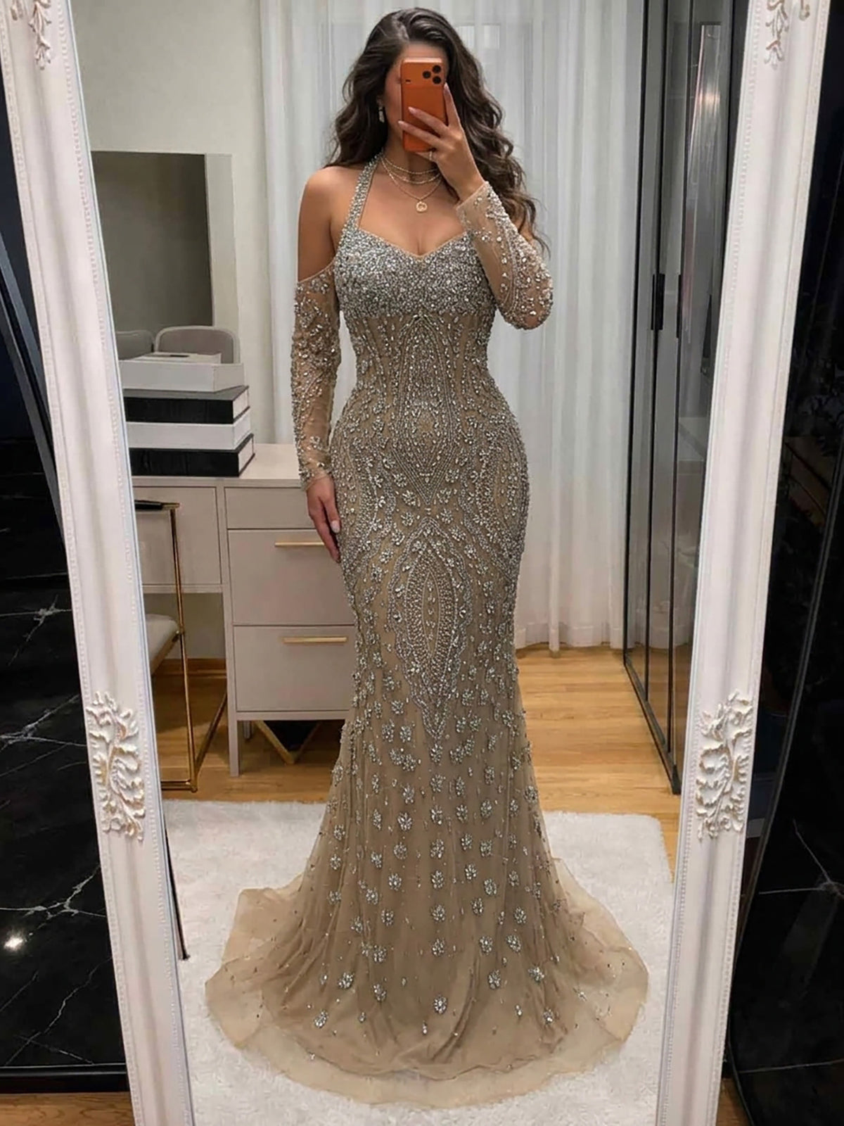 Luxury Nude Crystal Beaded Halter Mermaid Evening Dress LA73948