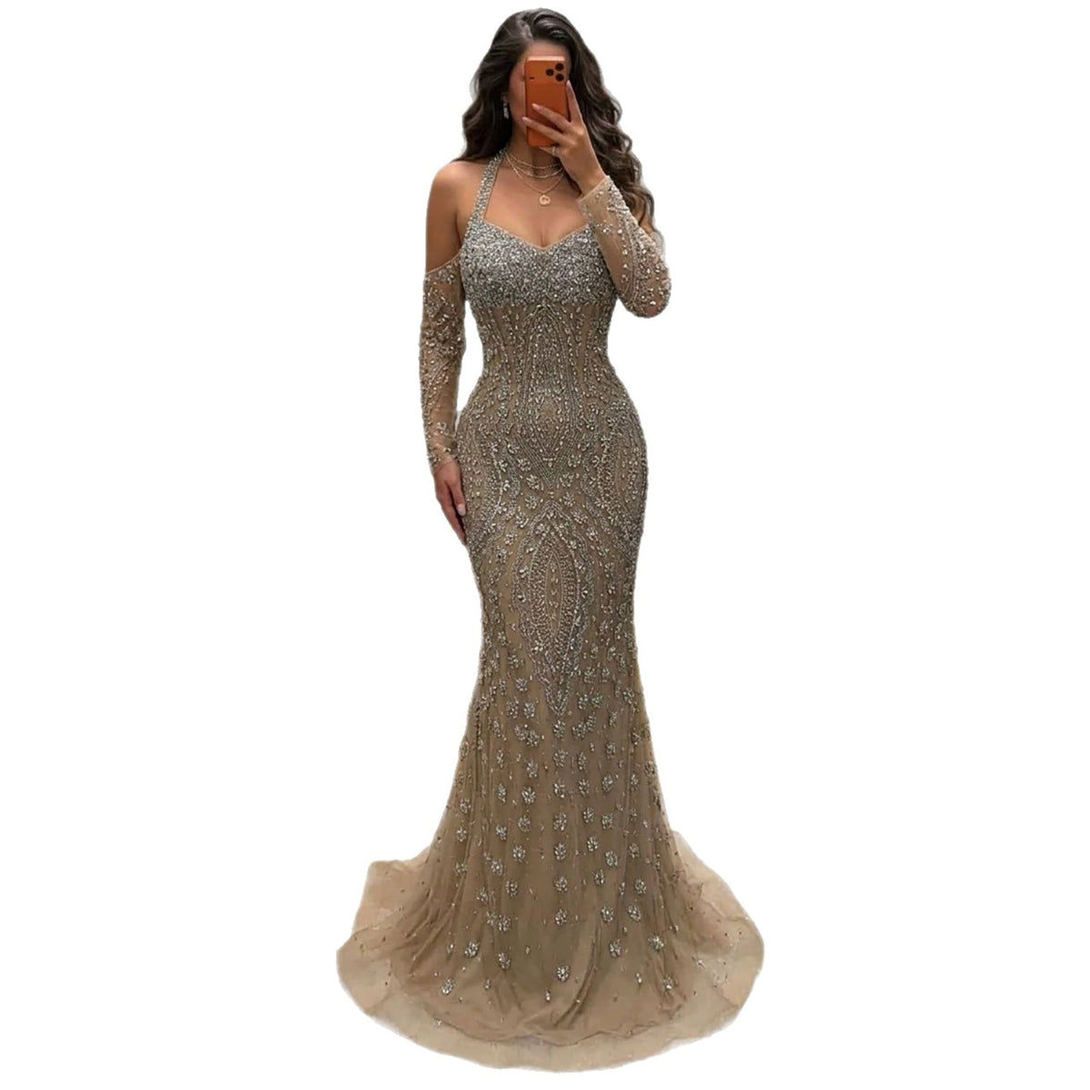 Luxury Nude Crystal Beaded Halter Mermaid Evening Dress LA73948