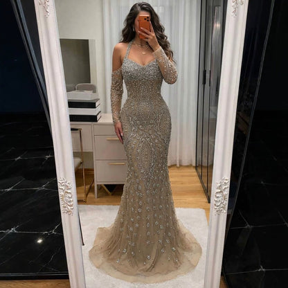 Luxury Nude Crystal Beaded Halter Mermaid Evening Dress LA73948