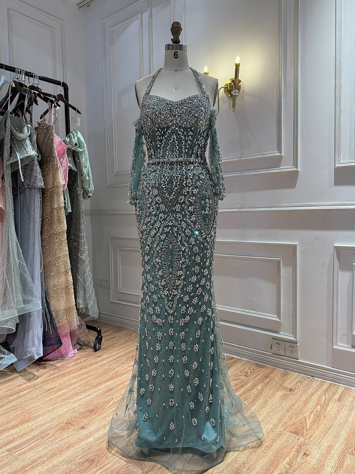 Luxury Modest Nude Crystal Beaded Halter Mermaid Evening Dress LA73948
