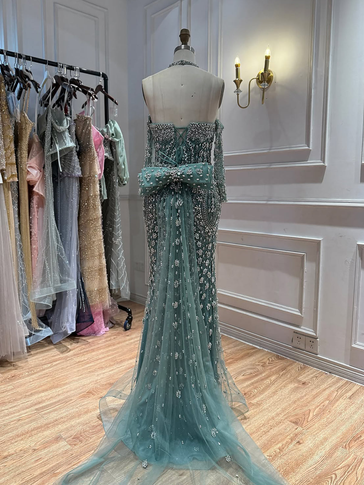 Luxury Modest Nude Crystal Beaded Halter Mermaid Evening Dress LA73948
