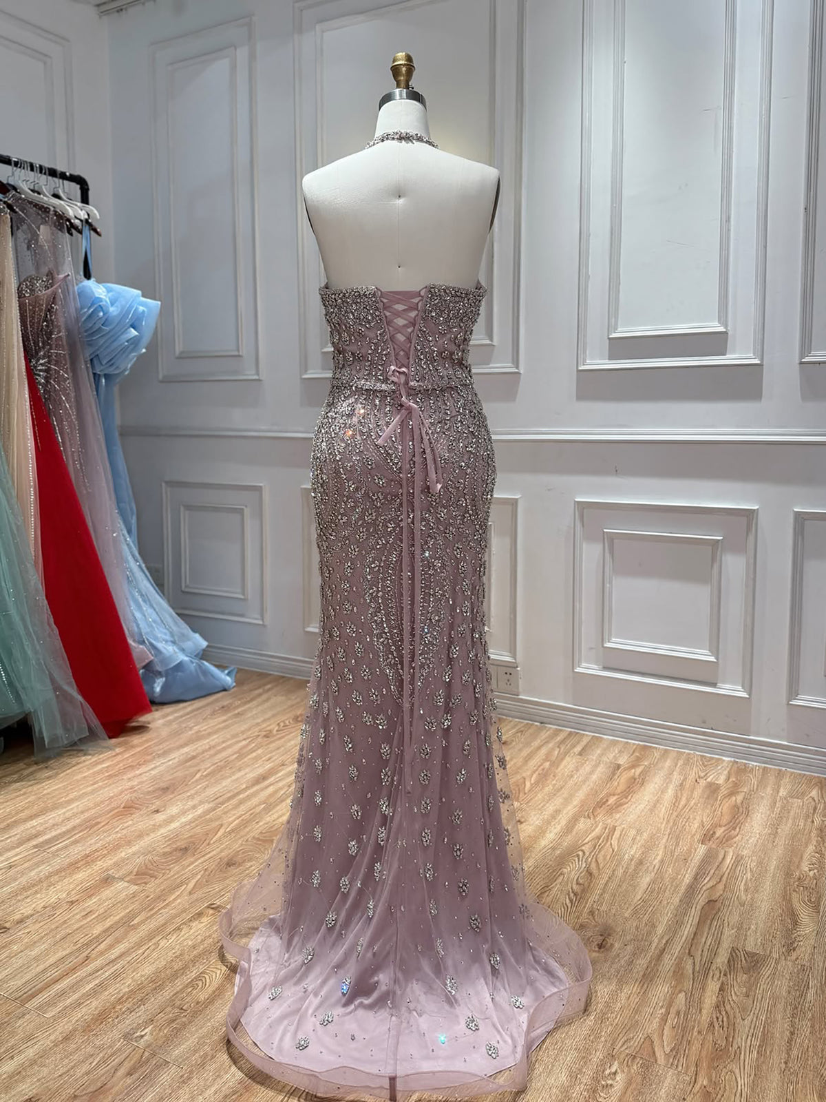Luxury Modest Nude Crystal Beaded Halter Mermaid Evening Dress LA73948