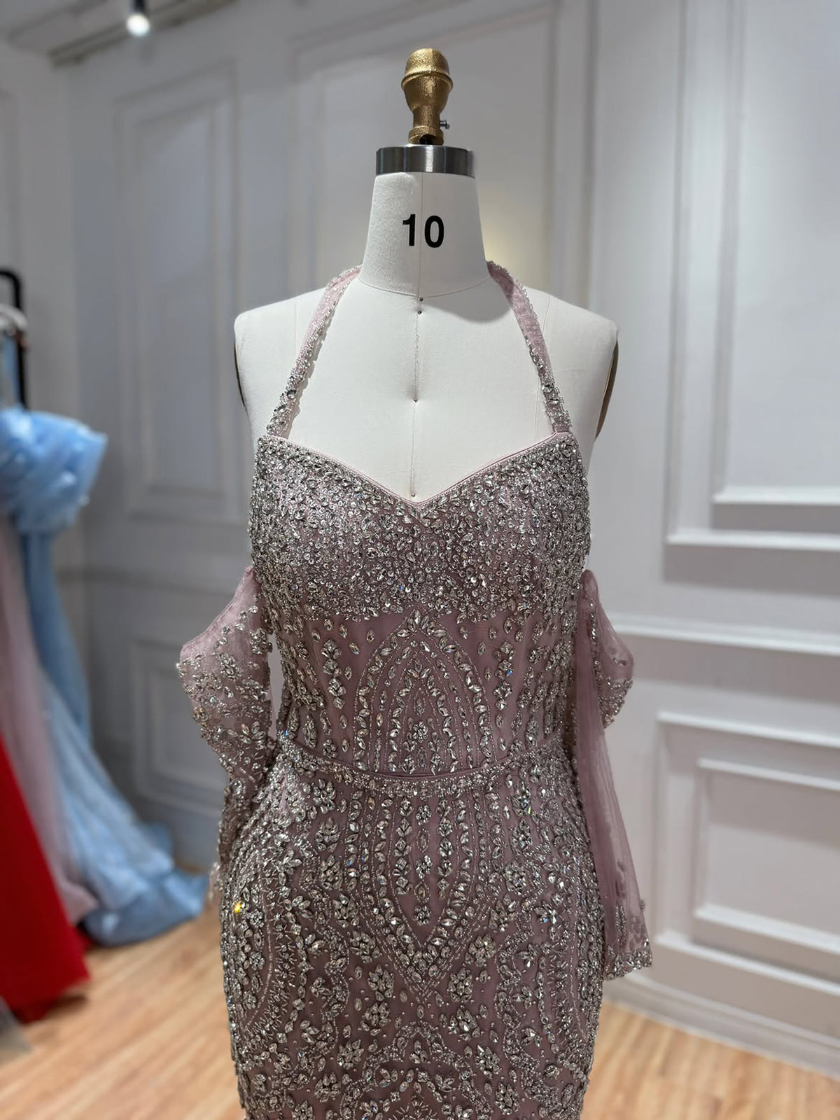 Luxury Modest Nude Crystal Beaded Halter Mermaid Evening Dress LA73948