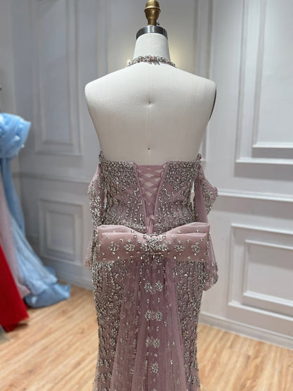 Luxury Modest Nude Crystal Beaded Halter Mermaid Evening Dress LA73948