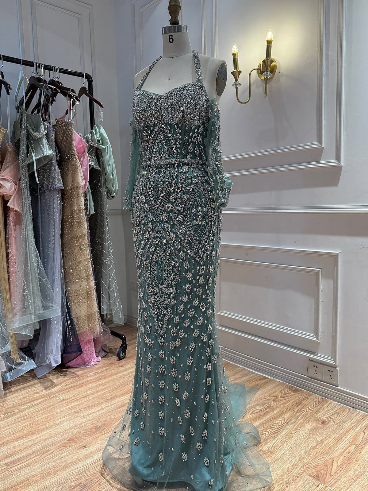 Luxury Modest Nude Crystal Beaded Halter Mermaid Evening Dress LA73948