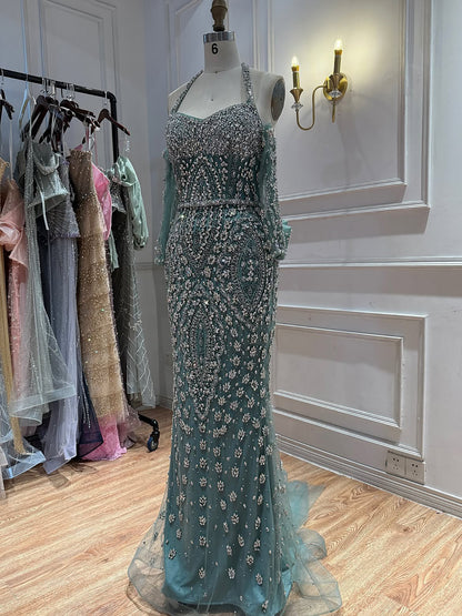 Luxury Modest Nude Crystal Beaded Halter Mermaid Evening Dress LA73948