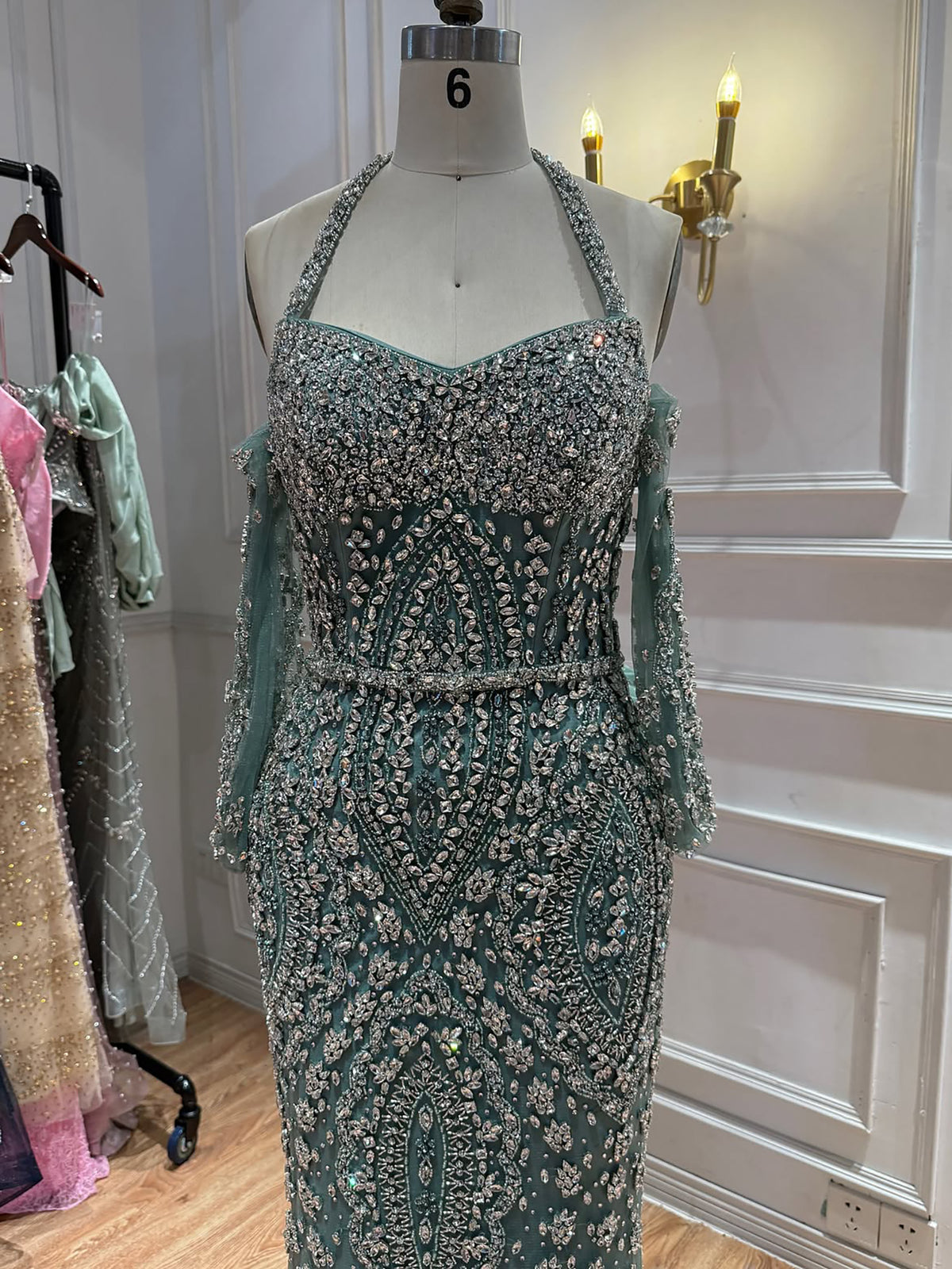 Luxury Modest Nude Crystal Beaded Halter Mermaid Evening Dress LA73948