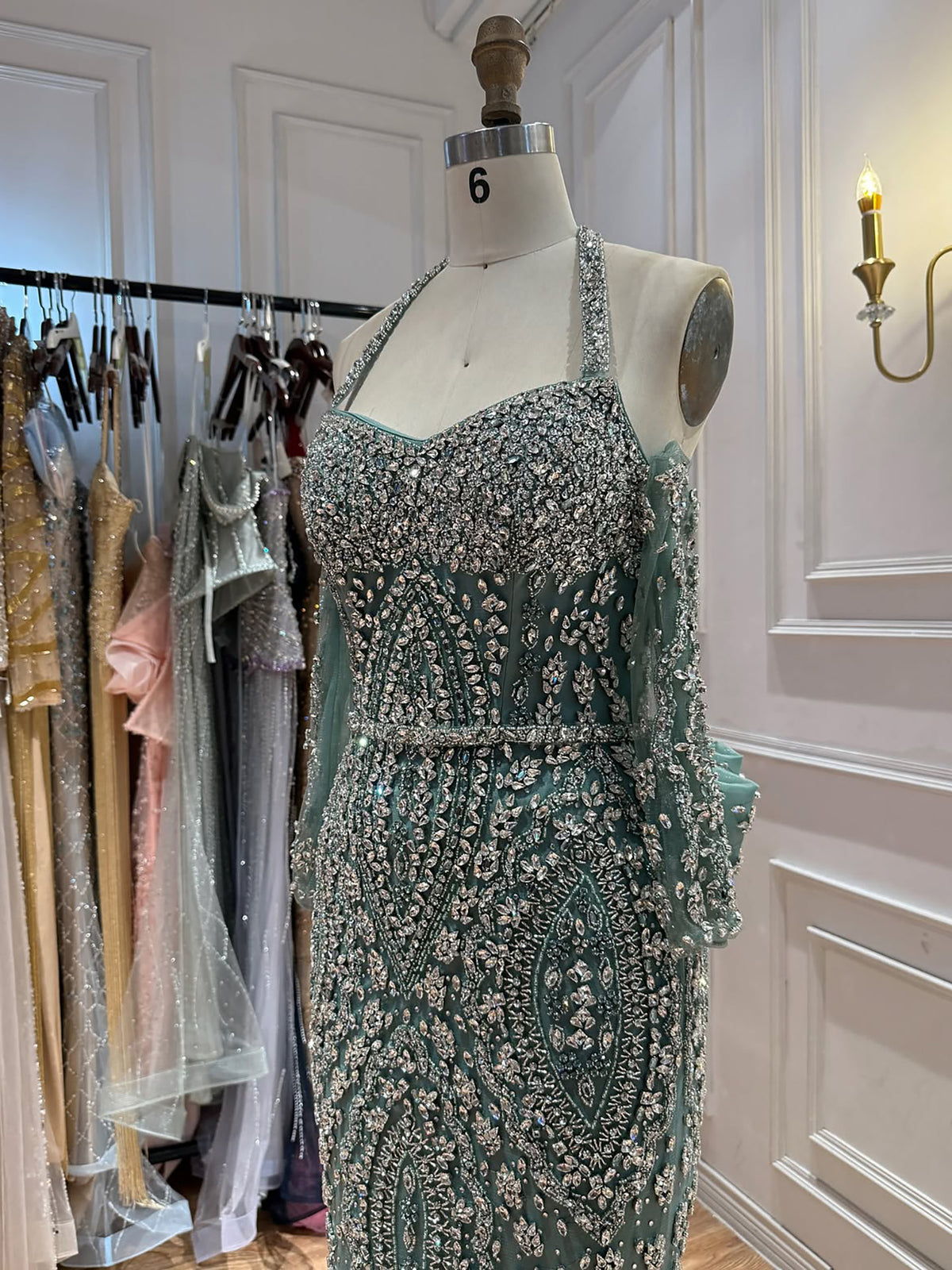 Luxury Modest Nude Crystal Beaded Halter Mermaid Evening Dress LA73948